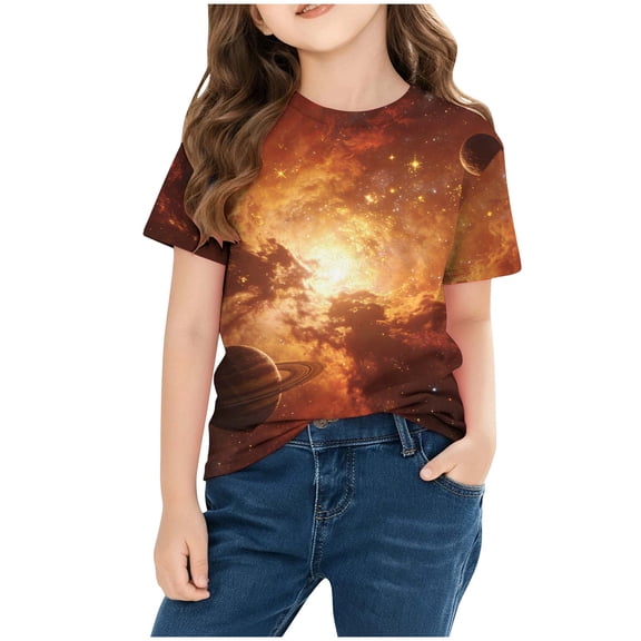 Fnooota Girls T Shirts, Short Sleeve Gradient Print Crew Neck Soft Summer Tops Multicolor Size 10-12