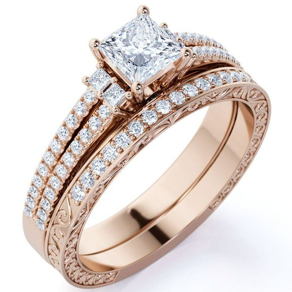 JeenMata Stunning 0.75 Carat - Princess Cut Diamond - Pave - Vintage - Double Band Engagement Ring - Bridal Set - 10K Rose Gold