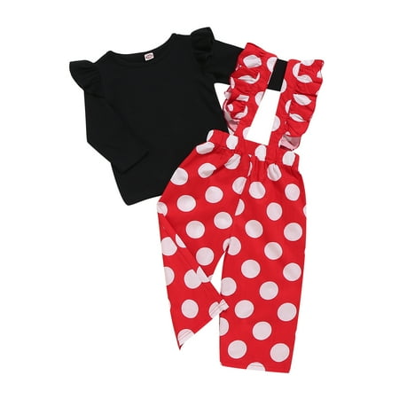 

Kucnuzki 9 Months Baby Girl Fall-Winter Outfits Pants Sets 12 Months Long Sleeve Solid Color Ruffled Layer Tops Suspender Dot Prints Pants 2PCS Set Black