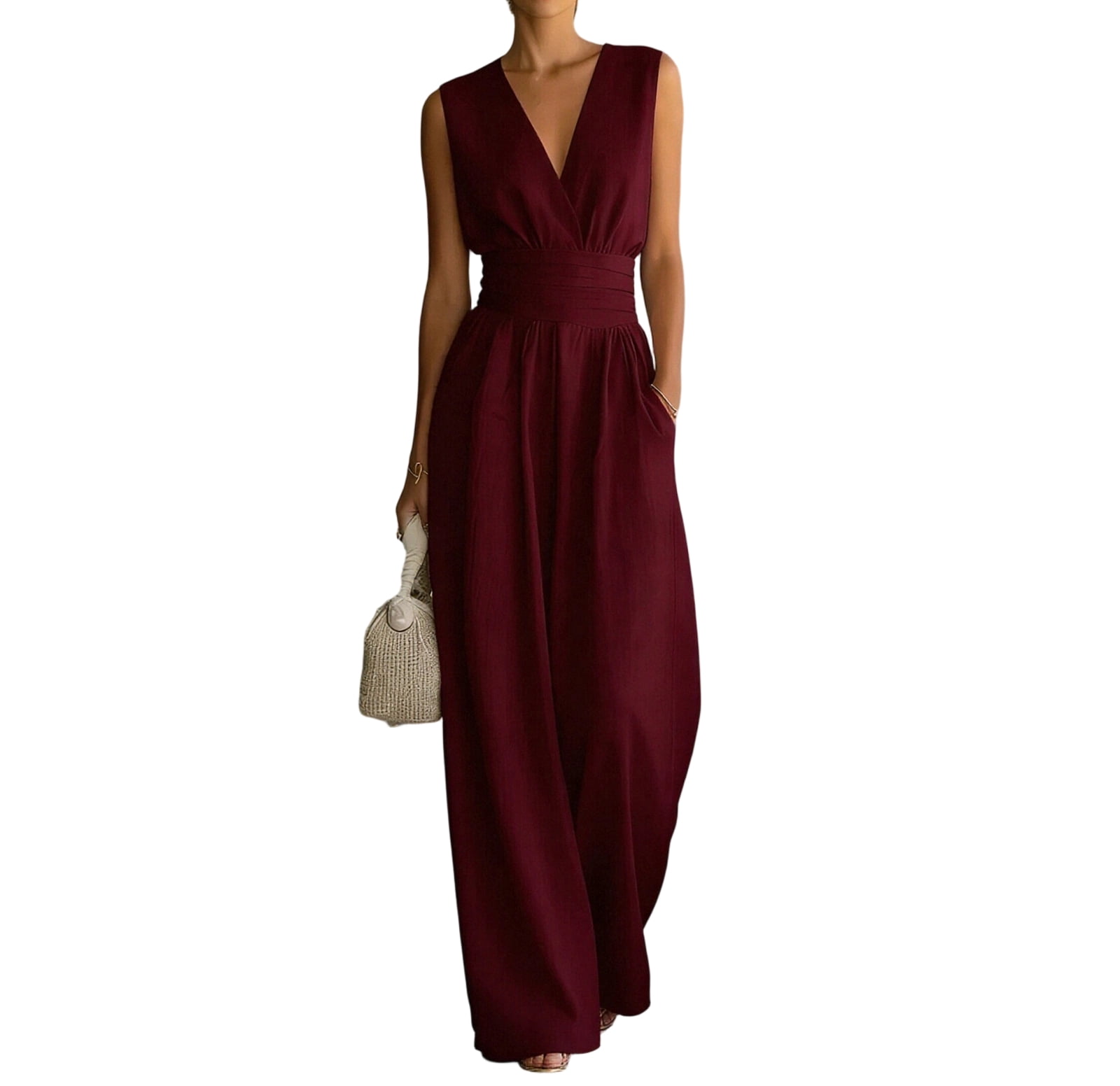 Women's Summer V-Neck Wide-Leg Jumpsuits, Sleeveless Ruched Waist Maxi Jumpsuits, XL