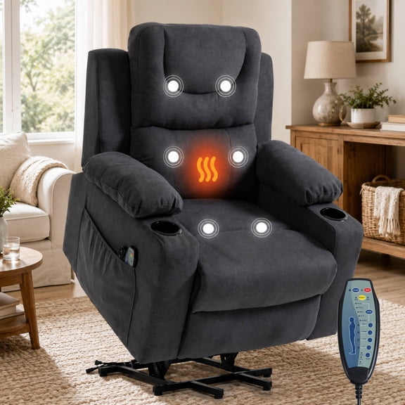 UHOMEPRO Power Lift Chair for Elderly, Velvet Recliner Chair with Massage and Heat, Overstuffed Recliner Sofa Chair with USB Port and Side Pocket for Living Room, Gray