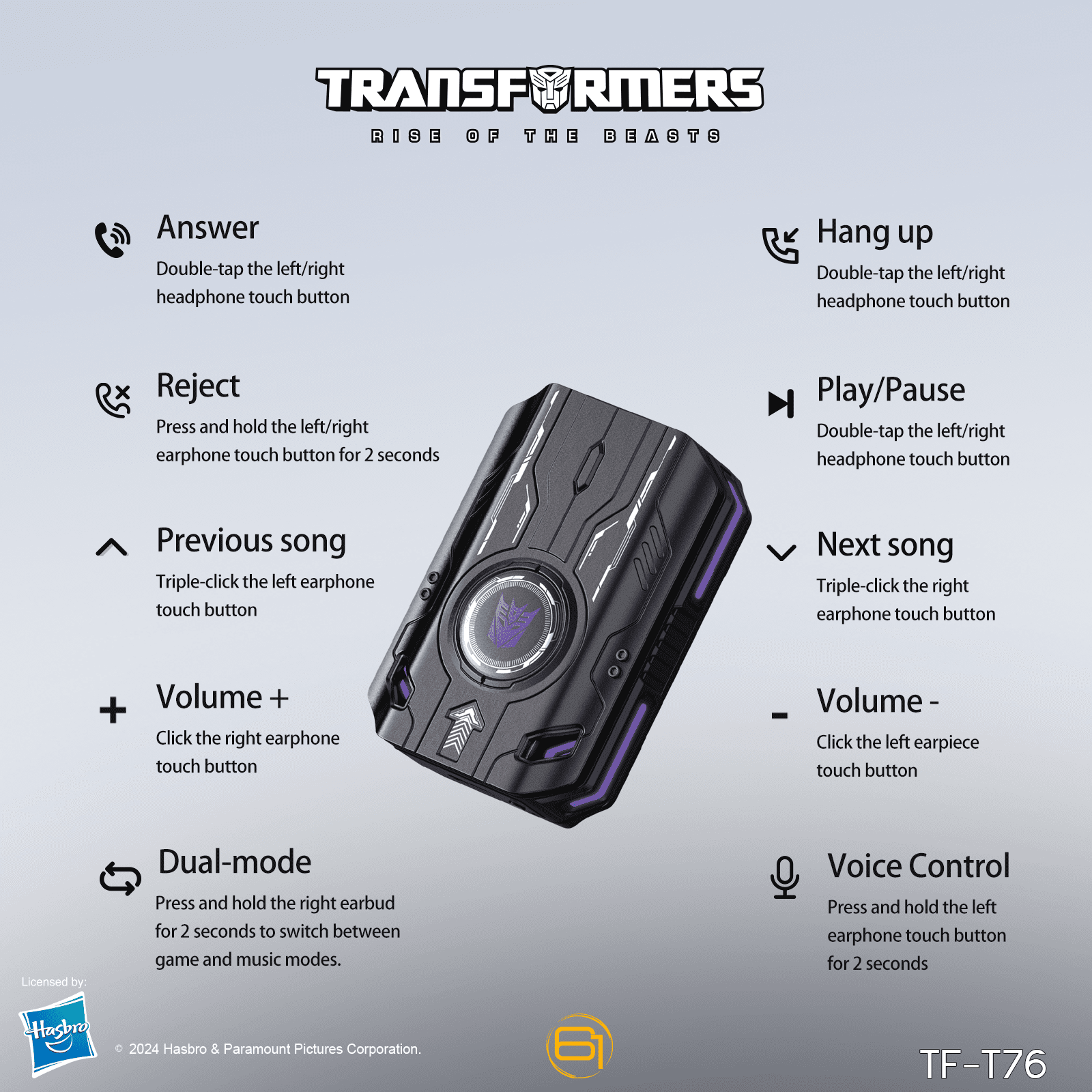 Transformers TF-T76 True Wireless Bluetooth 6.0 Earbuds with Mic, Mecha Zinc Alloy Armor Case, Low-Latency Game/Music Modes, Hi-Fi 13mm Drivers, HD Calling, 40H Total Playtime - Bumblebee Yellow