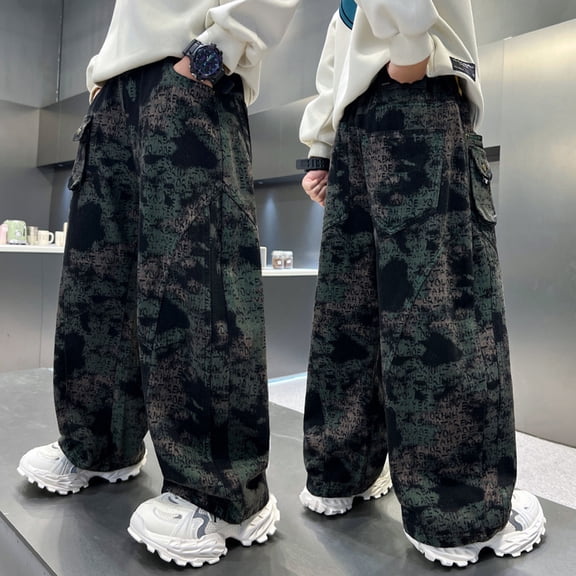 Boys Baggy Jeans Dark Green Cargo Joggers Elastic High Waisted Straight with Pocket Classic Fit Pull On Boy Clothes 13-16 Years
