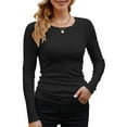 thumbnail image 1 of Womens Ribbed Long Sleeve Crewneck Casual Slim Basic Shirts Fitted Knit Tops Black L, 1 of 6