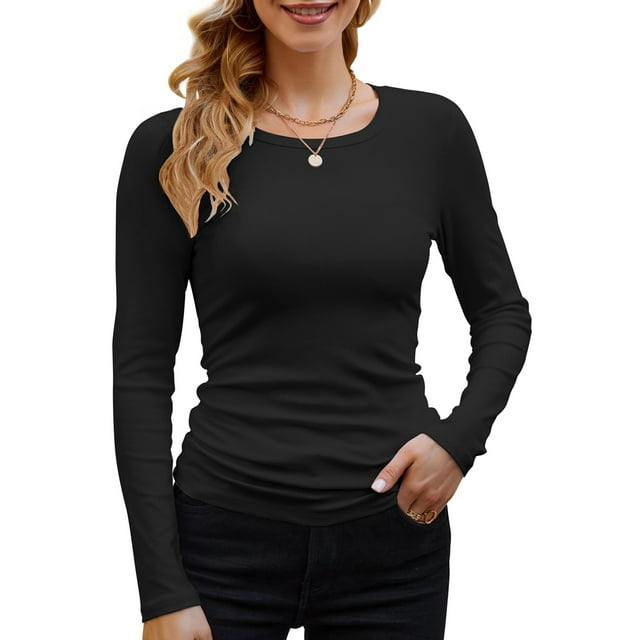 Womens Ribbed Long Sleeve Crewneck Casual Slim Basic Shirts Fitted Knit Tops Black XL