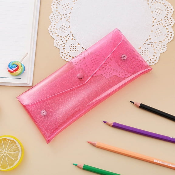 Hyknon Pencil Cases Pouch, Portable Transparent PVC Stationery Pouch Envelope Pen Bag, Small Glitter Storage Organizer, Snap Button Bag for Pens Erasers Cosmetic Mini Accessories Office Travel, Pink