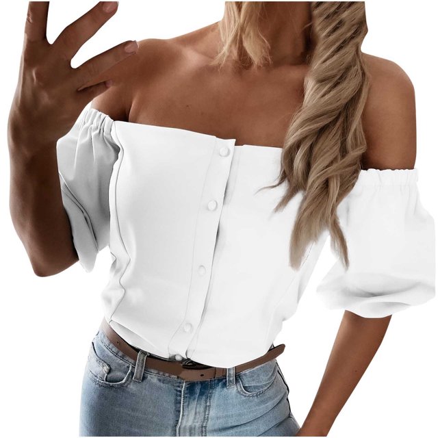Blusa Informal Elegante Para Mujer, Blusa de Un Hombro, Manga Corta, Botones Sólidos Odeerbi ODB163325