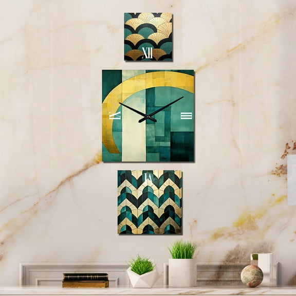 Designart "Golden Arches in Emerald" Abstract Shapes Oversized Wall Clock - Set Of 3 - Multipanel Clock For Living Room Décor - Large Contemporary Wall Clock