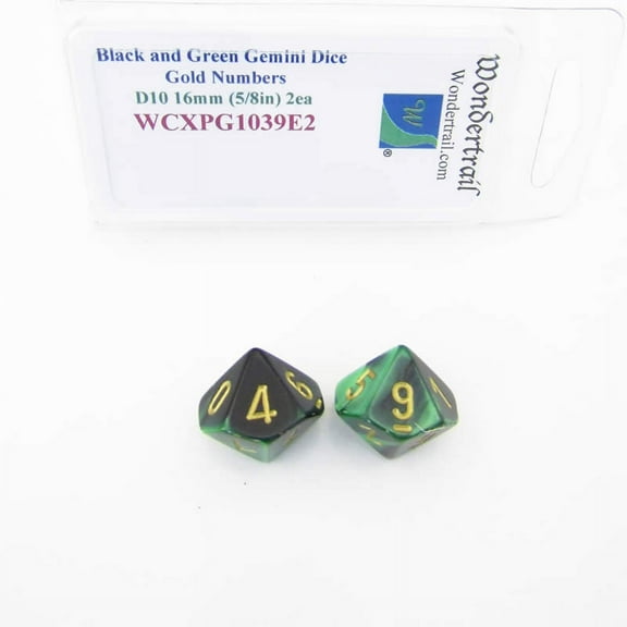 Black and Green Gemini Dice with Gold Numbers D10 Aprox 16mm (5/8in) Pack of 2 Wondertrail