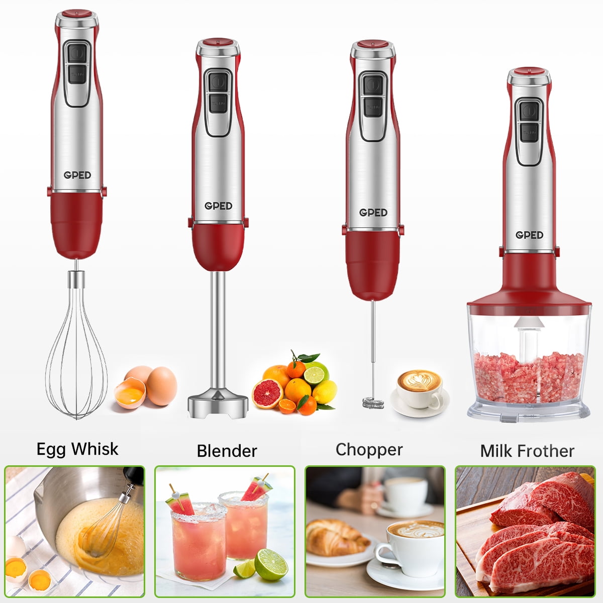 GPED Hand Blender, 5-in-1 Immersion Hand Blender,12 Speed Turbo Mode Stick Blender for Make Smoothie, Milk Shakes,Juice ,Sauces