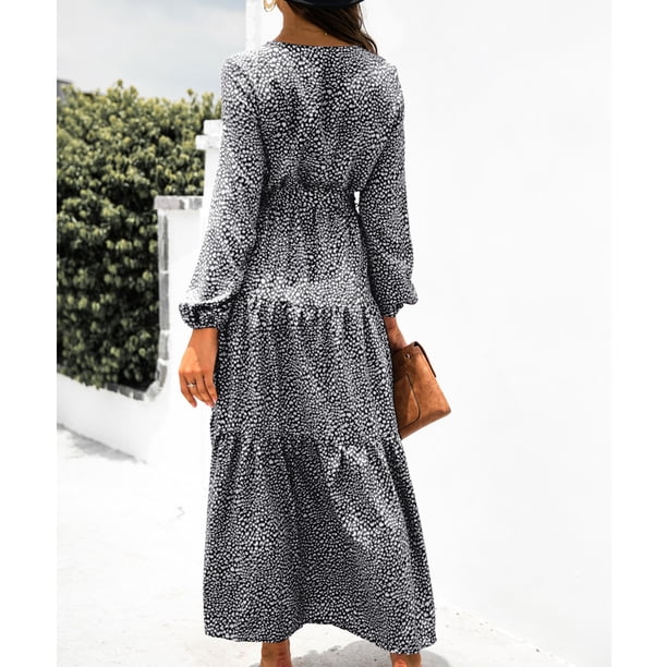 Vestido Largo De Manga Larga Con Cuello En V, Vestido Largo De Manga Larga Hasta El Tobillo De Moda Con Estampado Floral Para Vacaciones Para Dama Para Club ANGGREK Otros