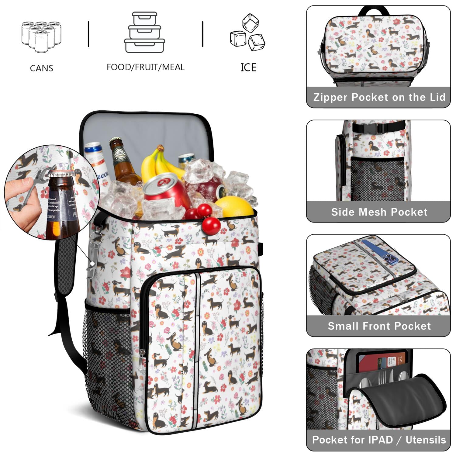 Travel Cooler Bag - Dachshunds with Flowers Camping Beer Cooler Backpack with Bottle Opener- Waterproof Insulated Picnic Backpacks - Cooler Bag for Beach