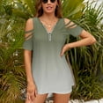 thumbnail image 3 of Sage Green Gradient Womens Summer V Neck Zipper Top Short Sleeve T Shirt Off Shoulder Top Casual Classy Loose Shirts, 3 of 7