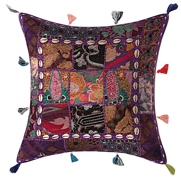Stylo Culture Indian Settee Sofa Throw Pillow Cover 17x17 Embroidered Patchwork Cowry Sea Shell Tassels Purple Bohemian 43cm x 43cm Lounge Decor Cotton Floral Square Cushion Cover | 1 Pc