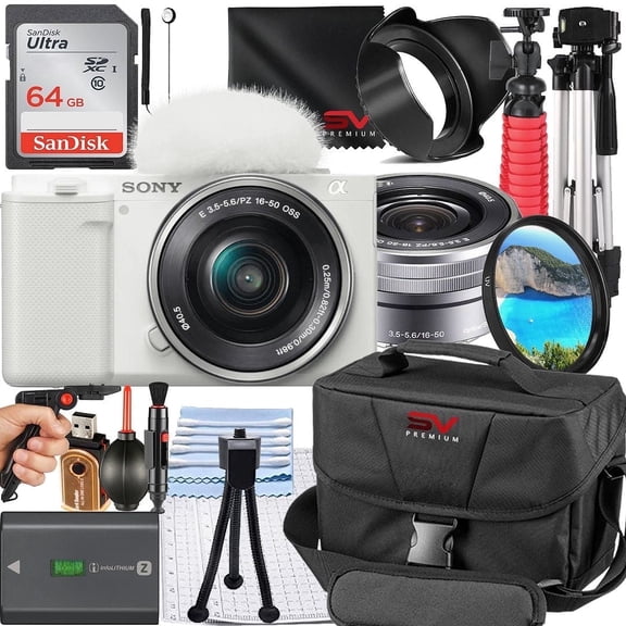 Sony ZV-E10 II Mirrorless Camera (White) with 16-50mm Lens   SanDisk 64GB Memory Card   Pistol Grip Tripod   SV Premium Accessory Bundle