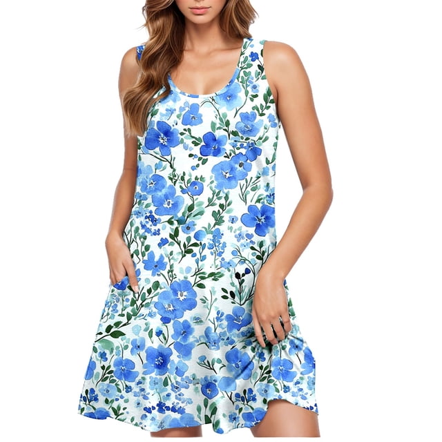 Ovzne Robes d'Été pour Femmes 2025 Robe pour Femme Robe Décontractée Sans Manches à Col Rond Imprimé Robe de Printemps Imprimée en Solde