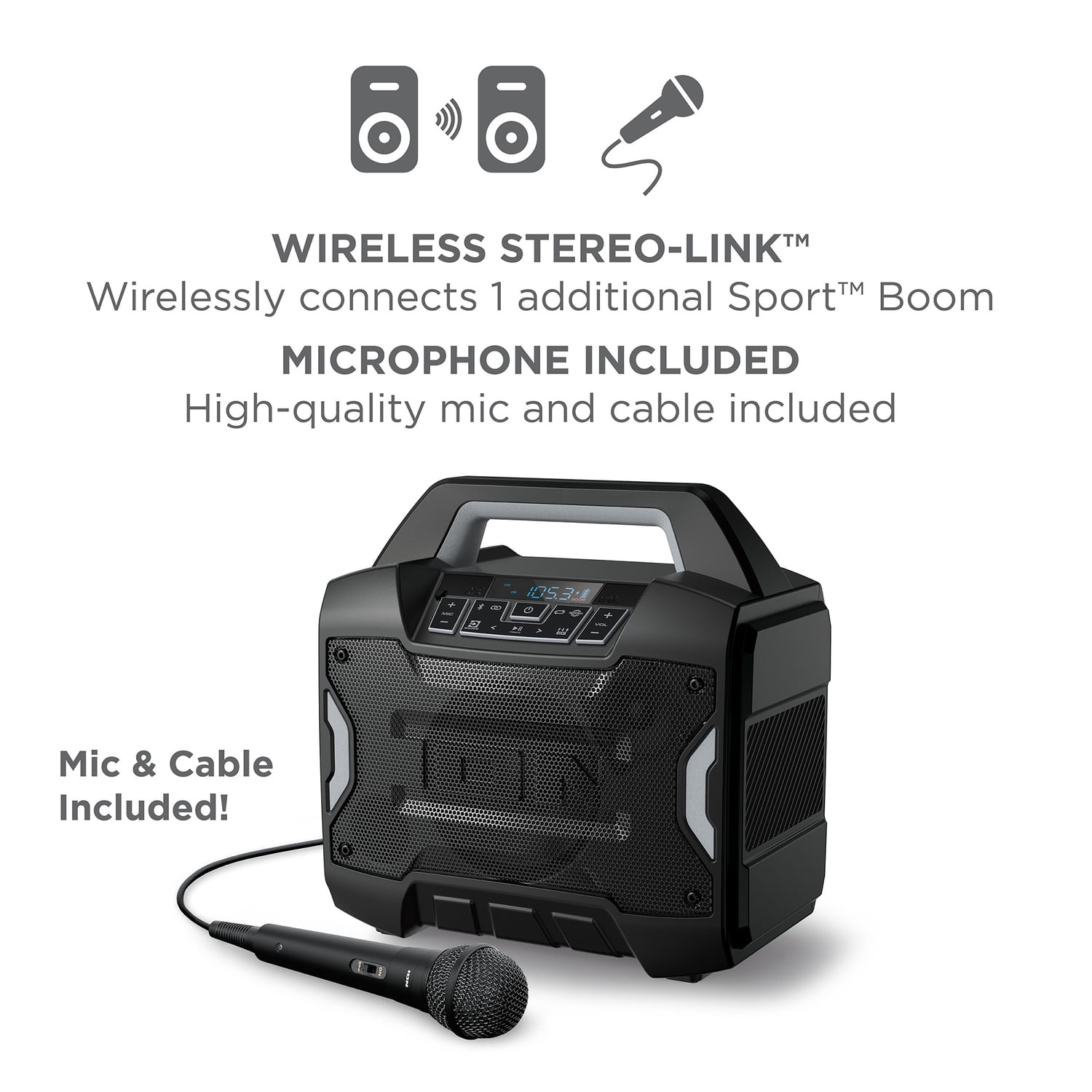 ION Sport Boom All-Weather Rechargeable Portable Speaker with FM Radio, Microphone, and Stereo-Link, Black, SPORTBOOMXUS