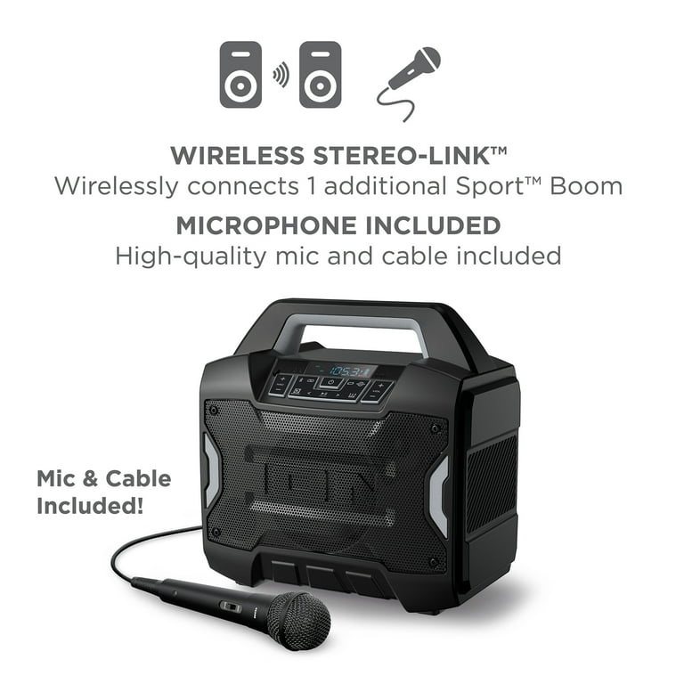ION Audio Sport Boom Rechargeable Speaker (Renewed) - 60W, IPX5 Water Resistant, Bluetooth, FM Radio, Includes Microphone