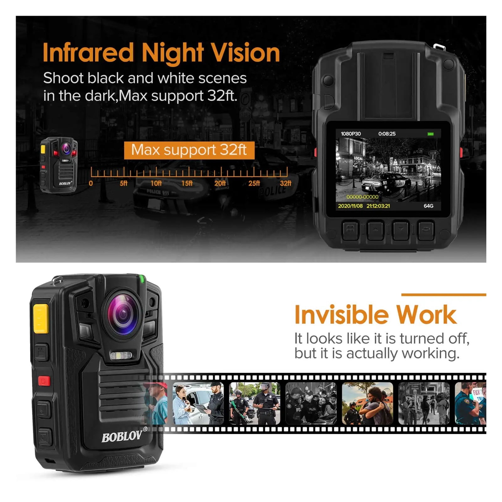 Body Cameras For Law Enforcement 1080P 140° Wide Angle Body Mounted Body Camera Video Recorder GPS IR Night Vision Cam