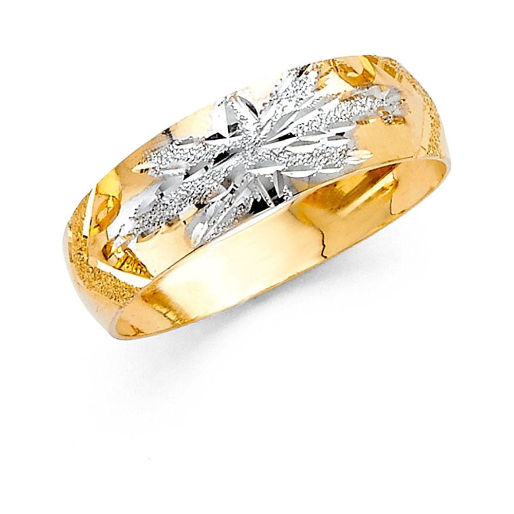 Solid 14k Yellow White Gold Wedding Band Diamond Cut Ring Dome Style Womens Fancy Two Tone 6 mm, Size 8