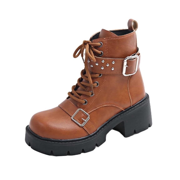 Xfvqtps Womens Fashion Ankle Boots Winter Edgy Round Toe Ankle Booties with Side Zipper Faux Leather Lace up Boots for All Season Casual Outfits