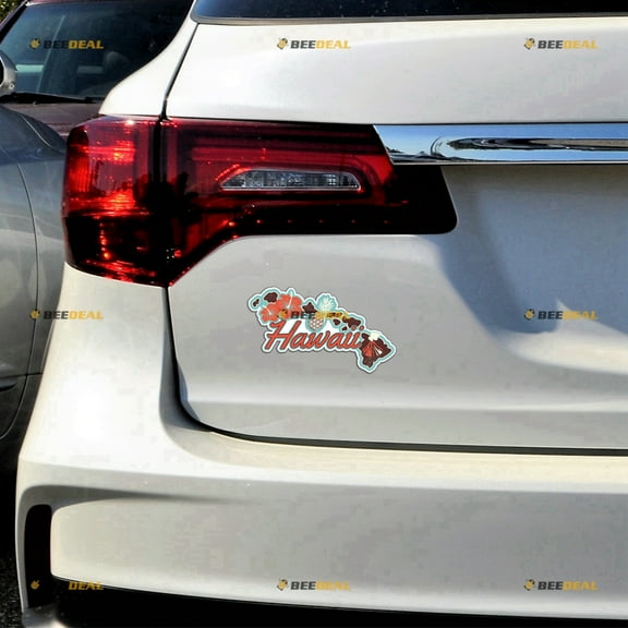 Hawaii Hawaiian Map Hibiscus Pineapple Volcano Car Magnet Magnetic Sticker Decal - 2 Pack Glossy 4" - for Truck Door Fridge Reusable Waterproof