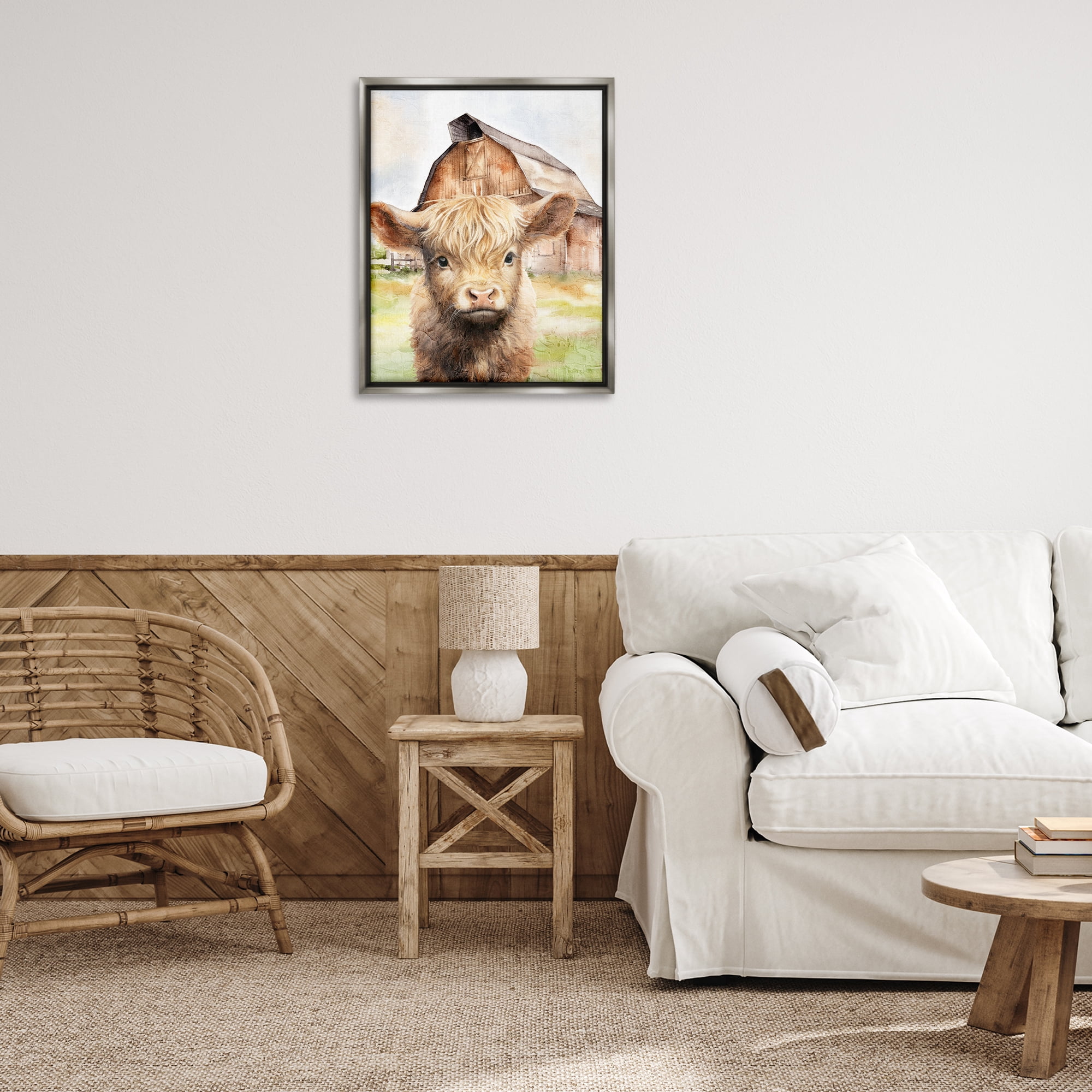Stupell Industries Cattle Little at Farm Animals Painting Gray Floater Framed Canvas Art Print Wall Art, 25 x 31