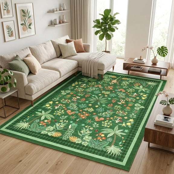 HIWEAVER Green 8' x 10' Area Rug for Living Room Washable Animal Print Soft Botanical Floor Cover for Bedroom Non Slip Forest Indoor Carpet for Playroom Decor