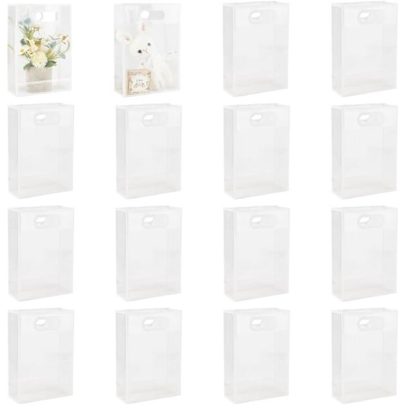 16 Pcs White Clear Plastic Gift Bag with Die Cut Handles Heavy Duty Reusable PP Favor Bag PVC Wrap Bags Goodies Shopping 10.2x7x3.1inch(26x18x8cm)