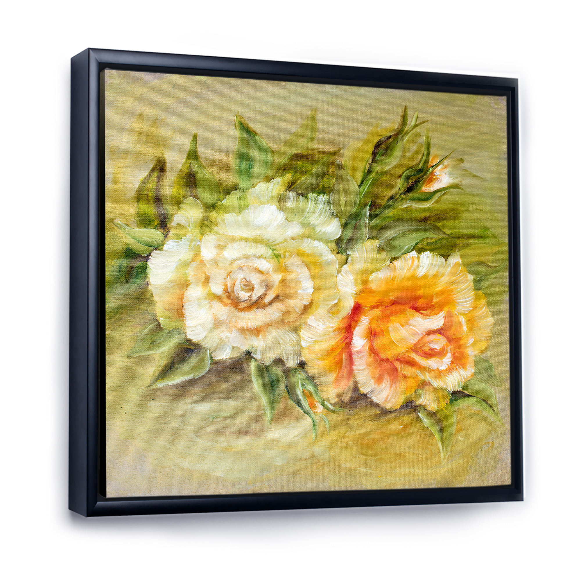Designart 'Vintage Yellow and White Roses' Traditional Framed Canvas Wall Art Print