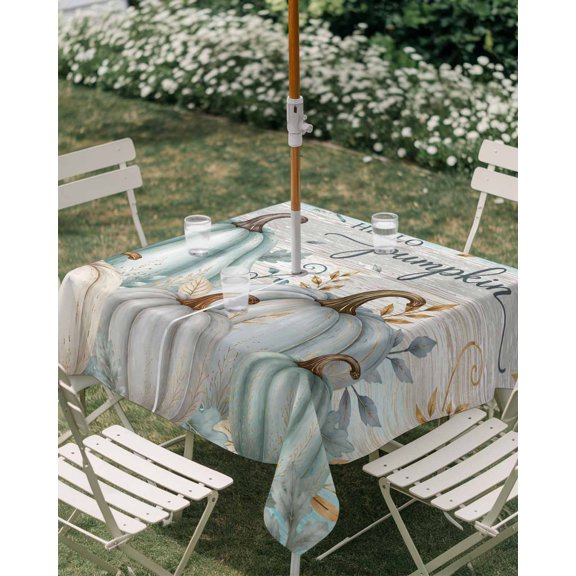 Outdoor Tablecloth with Umbrella Hole, Hello Pumpkin Fall Thanksgiving Zippered Table Cloth for Rectangle Tables, Rustic Leaves Wood Plank Washable Waterproof Tablecloths for Picnic Patio Garden