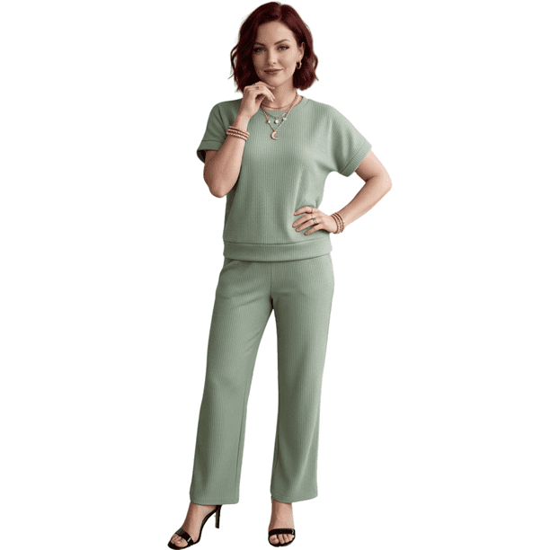 Conjunto 2 Piezas Casual Chic para Mujer Unitalla, Blusa de Manga Corta y Pantalón Cómodo, Estilo Elegante y Sofisticado para Mujer