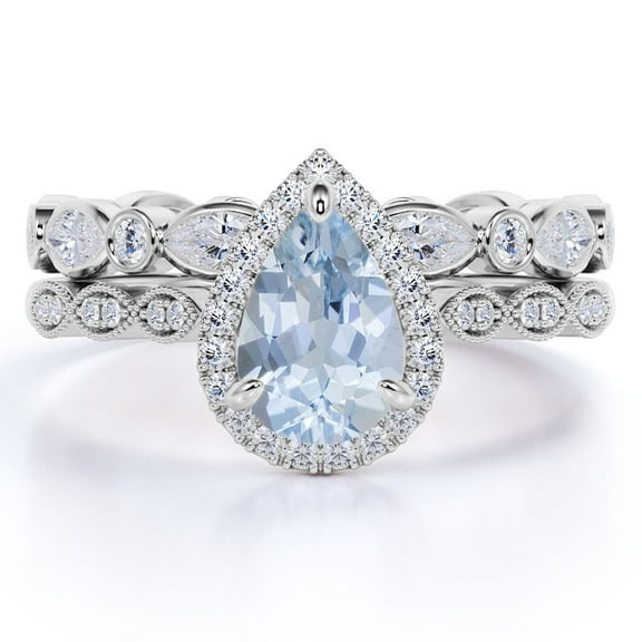 JeenMata Art Deco 1.5 carat Bezel Set Pear Shaped Created Aquamarine Wedding Set in 18k White Gold over Silver
