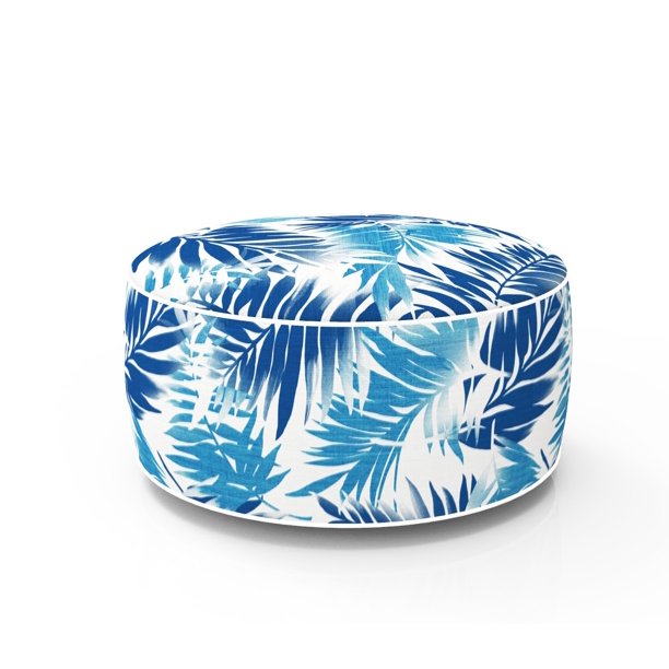 Fabritones Inflatable Footstool Ottoman Blue Leaves Round 21x9 Inch