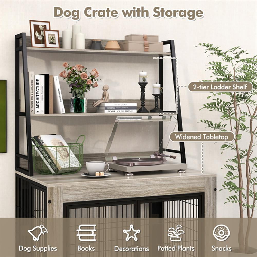 Barara King Dog House,Pet House,Industrial Dog Kennel Dog Crate Furniture with Storage Shelves-Gray