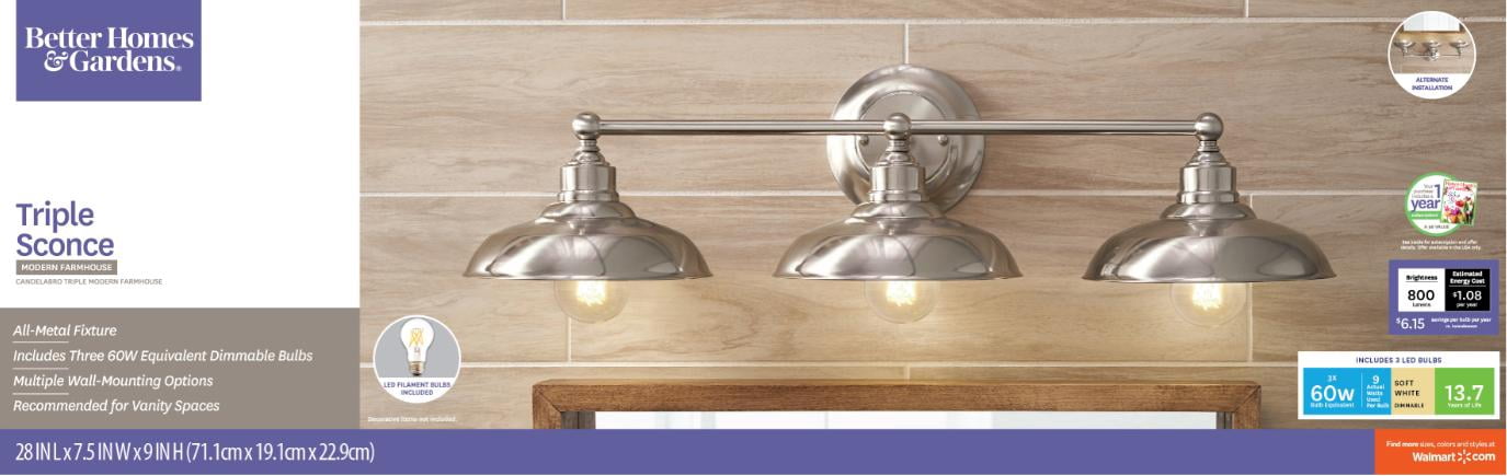 Better Homes &Gardens 28in Modern 3-Light LED Vanity Light, 60W Equiv Bulb, Hardwired Satin Nickel