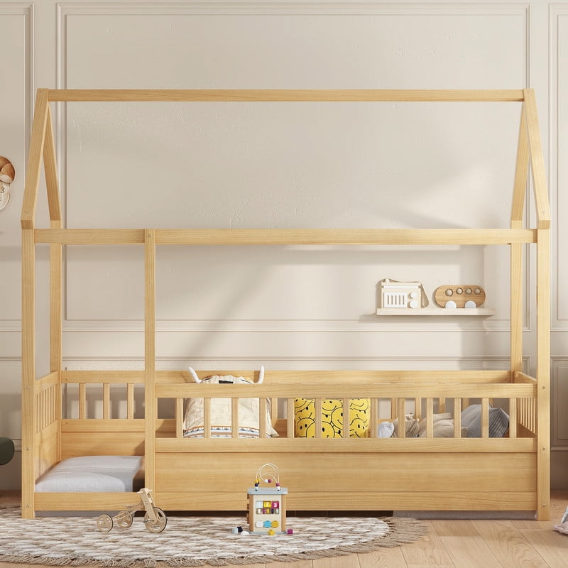 Bellemave Twin Size Montessori Bed, Wood Twin House Beds with Fence, Floor Bed with Roof for Bedroom Playroom（Natural）