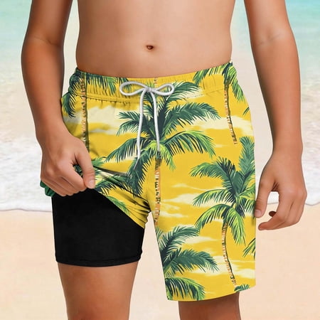Maqroz Boy s Hawaiian Tropical Print Double-Layer Drawstring Elastic Waist Swim Trunks Beach Vacation Loose Casual Vacation Shorts with Pockets Size 13 Years