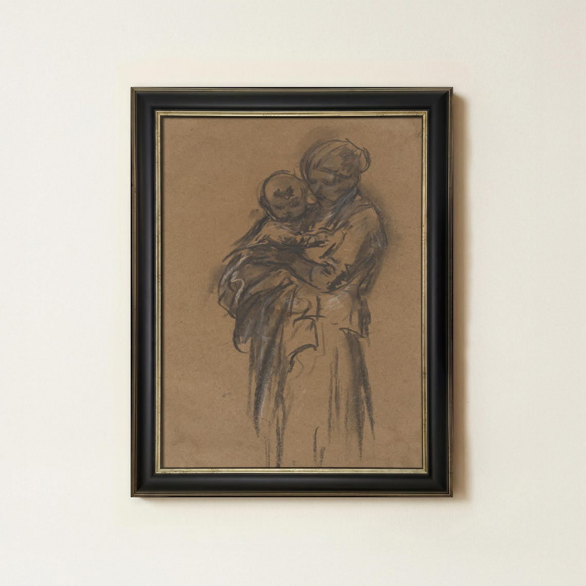 Mother And Child Sketch Wall Art Print For Rustic Home Decor