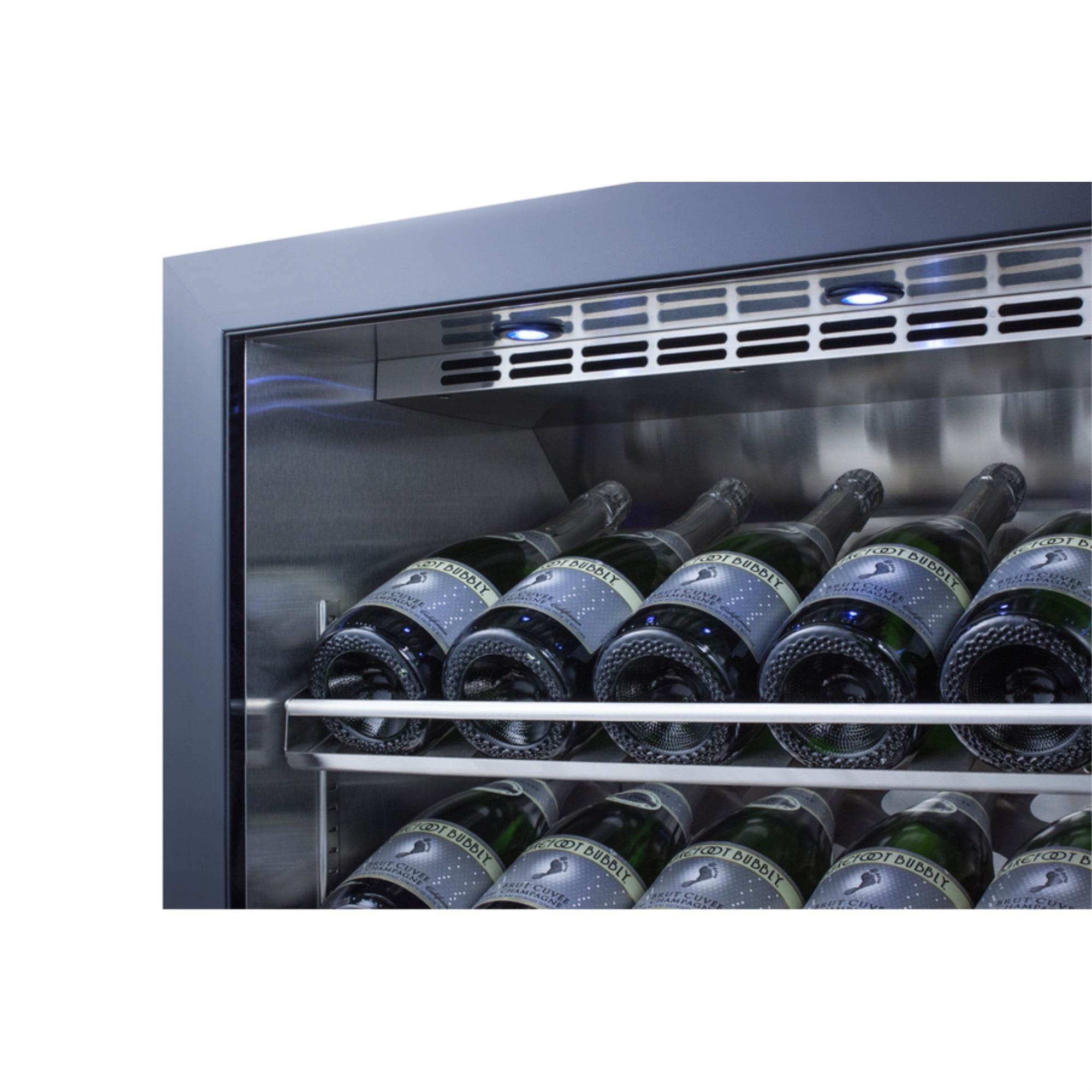 Commercial built-in undercounter wine cellar with champagne style shelving