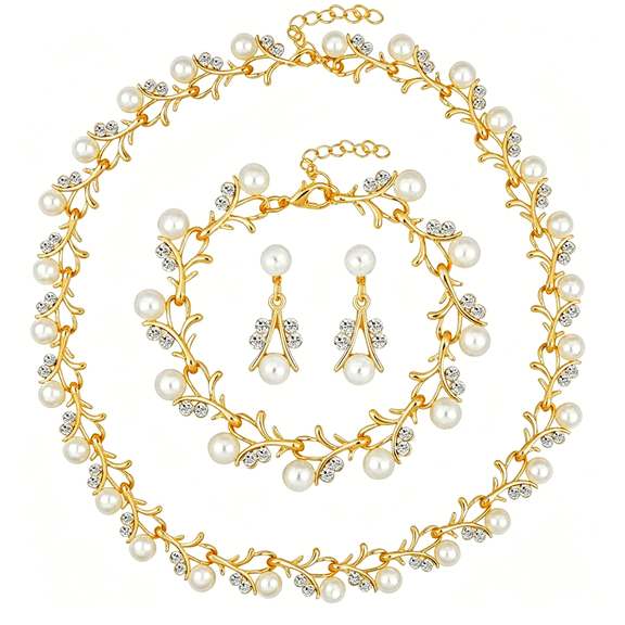 DESIGNICE Pearl Bride Wedding Jewelry Set Faux Pearls Crystal Rhinestone Necklace Earrings Bracelet Sets for Women Bridesmaid(3 Pcs)