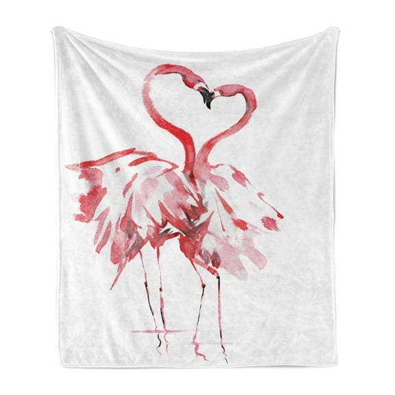 Flamingo Soft Flannel Fleece Blanket, Flamingo Couple Kissing Romance Passion Partners in Love Watercolor Effect, Cozy Plush for Indoor and Outdoor Use, 70" x 90", Dark Coral White, by Ambesonne