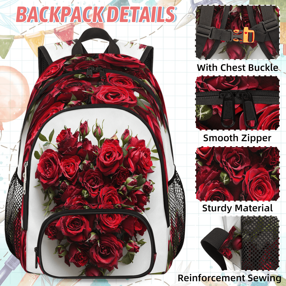 8790 Red Roses Black ’s Backpack Purse Causal Daypack Work Travel College Herdesigns-Romantic-Rose-  main image 4