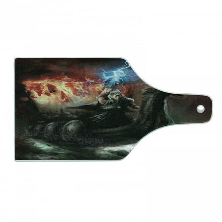 

Fantasy World Cutting Board Thunder Wrath in Viking Thorn Ship Floating in Fiery Waves Odin Narrative Tempered Glass Cutting and Serving Board Wine Bottle Shape Grey Orange by Ambesonne