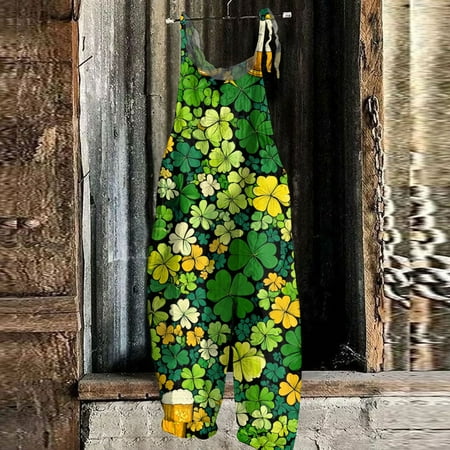Women s Jumpsuits  Rompers & Overalls  Casual Outfits for Women  St Patricks Day Clothing  Women Bodysuit  Women s Jumpsuit Print Casual Loose Vintage Shoulder Strap Cotton Linen  Mint Green