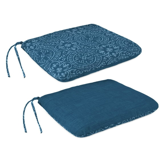 Jordan Manufacturing 15" x 18" Oberring Tuscan Blue Medallion and Quasi Tuscan Blue Solid Reversible Rectangular Outdoor Chair Pad Seat Cushion with Ties (2 Pack)