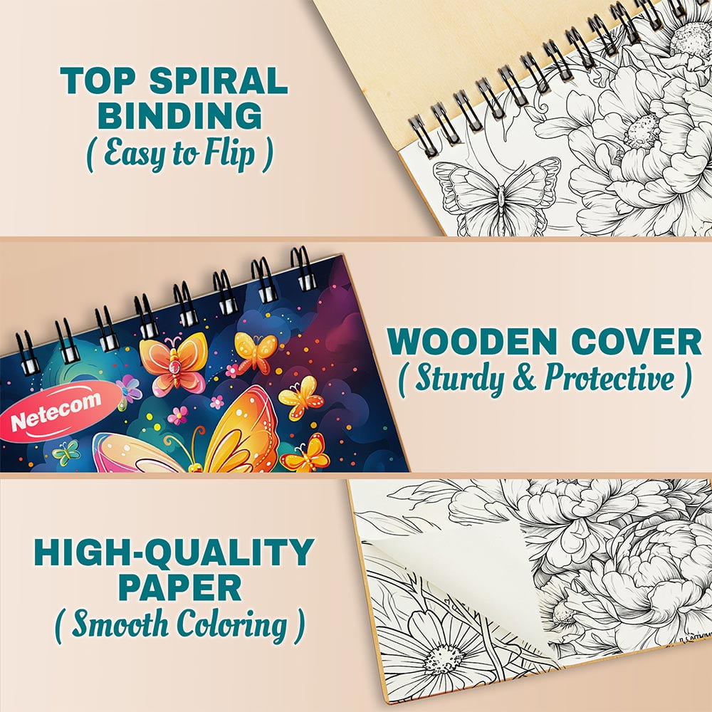 Netecom Butterflies, Rainbows and Flowers Coloring Book Spiral Bound For Adults, A5 Wooden Cover, 30 Beautiful Coloring Pages of Nature's Wonders for Stress Relief and Relaxation