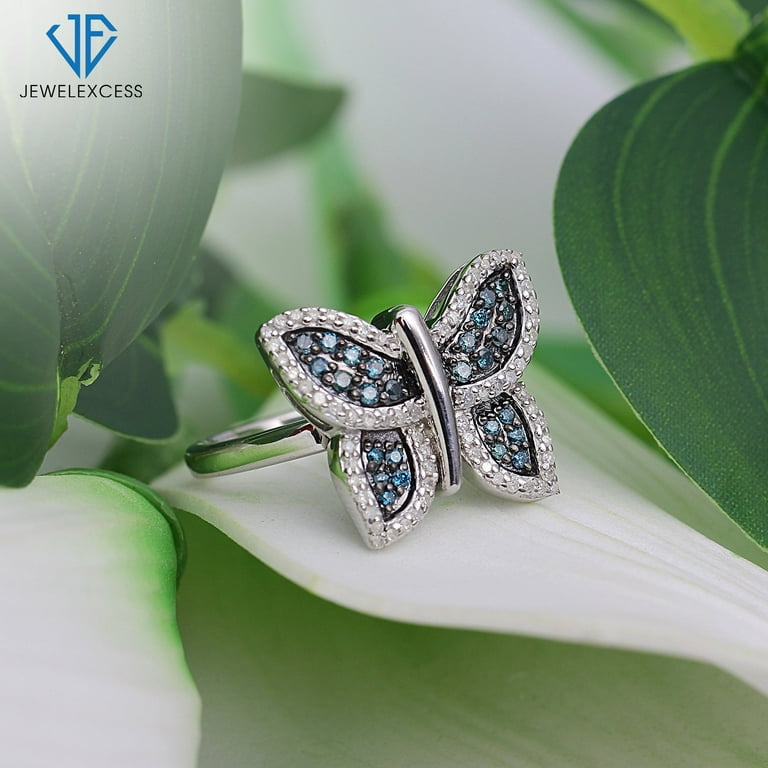 Jewelexcess 1 2 ct Blue White Diamond Sterling Silver Butterfly Ring 8