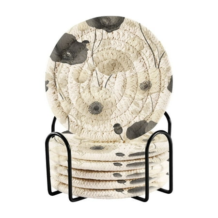 

6-Pack Coiled Coasters Set with Storage Rack Heat-Resistant for Home Office or Gift Black and White Flowers (3.94in Diameter)