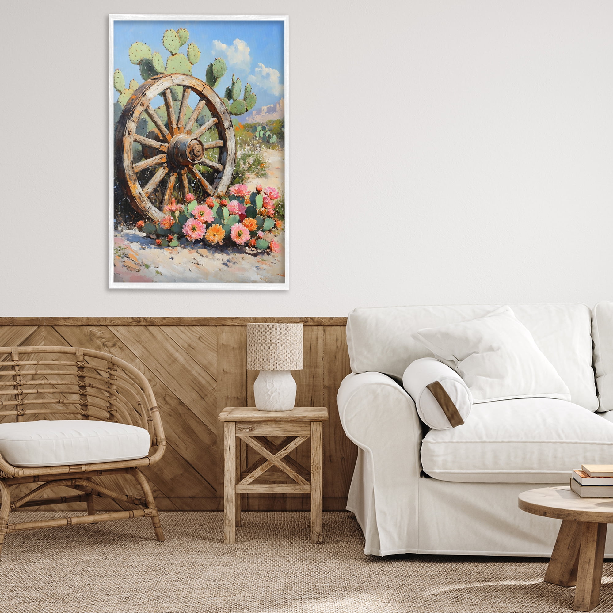 Stupell Industries Wagon Wheel Among Cactus White Framed Giclee Art, design by Franklyn Gregory